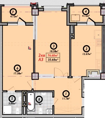 Планировка 2-комнатные квартиры, 76.68 m2 в ЖК Немецкий квартал, в г. Бишкека