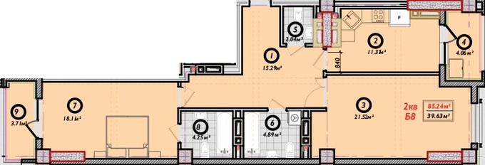 Планировка 2-комнатные квартиры, 85.24 m2 в ЖК Немецкий квартал, в г. Бишкека
