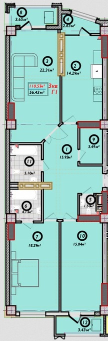 Планировка 3-комнатные квартиры, 110.57 m2 в ЖК Немецкий квартал, в г. Бишкека