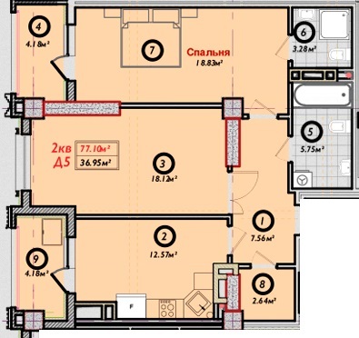 Планировка 2-комнатные квартиры, 77.1 m2 в ЖК Немецкий квартал, в г. Бишкека