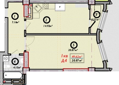 Планировка 1-комнатные квартиры, 49.62 m2 в ЖК Немецкий квартал, в г. Бишкека