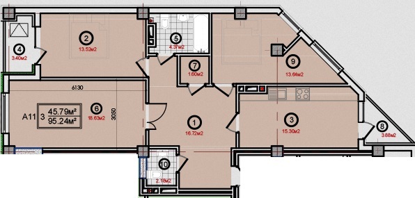Планировка 3-комнатные квартиры, 95.24 m2 в ЖК Комфорт, в г. Бишкека