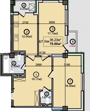 Планировка 2-комнатные квартиры, 78.86 m2 в ЖК Комфорт, в г. Бишкека