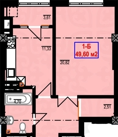 Планировка 1-комнатные квартиры, 49.6 m2 в ЖК IHLAS-Джал, в г. Бишкека