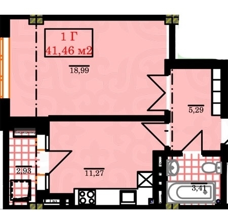 Планировка 1-комнатные квартиры, 41.46 m2 в ЖК IHLAS-Джал, в г. Бишкека