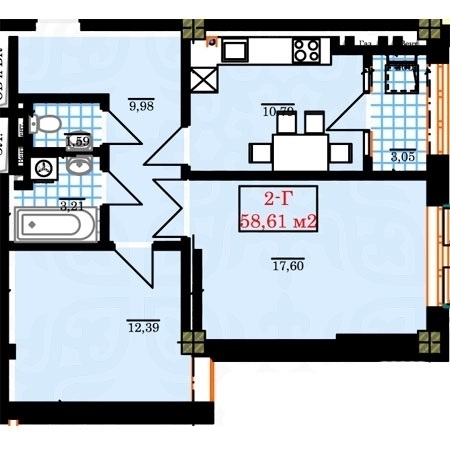 Планировка 2-комнатные квартиры, 58.61 m2 в ЖК IHLAS-Джал, в г. Бишкека