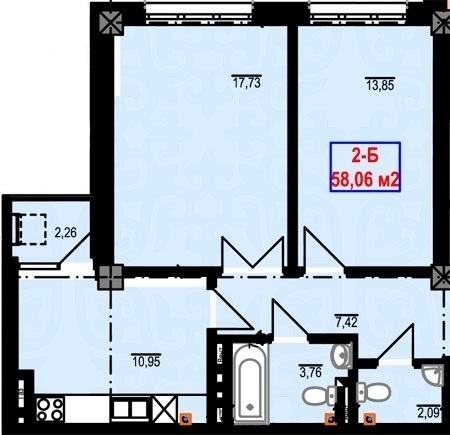 Планировка 2-комнатные квартиры, 58.06 m2 в ЖК IHLAS-Джал, в г. Бишкека