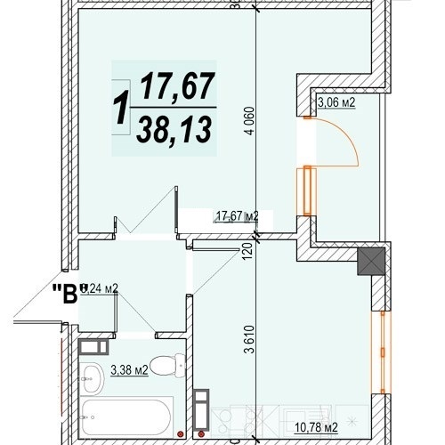 Планировка 1-комнатные квартиры, 38.13 m2 в ЖД Запад, в г. Бишкека