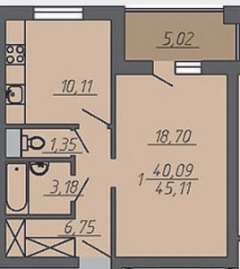 Планировка 1-комнатные квартиры, 45.11 m2 в ЖД Resident Hill, в г. Бишкека