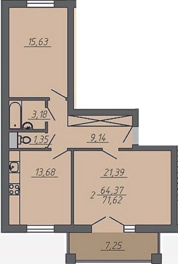 Планировка 2-комнатные квартиры, 71.62 m2 в ЖД Resident Hill, в г. Бишкека
