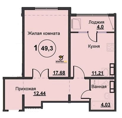 Планировка 1-комнатные квартиры, 49.3 m2 в ЖД Карасаева, в г. Бишкека