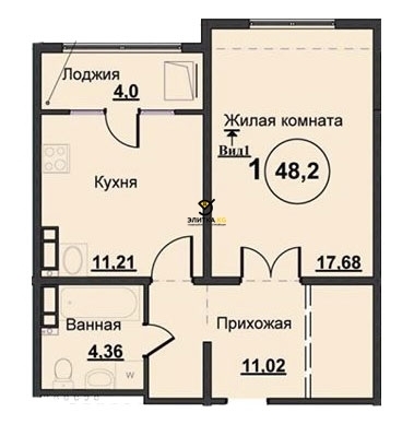 Планировка 1-комнатные квартиры, 48.2 m2 в ЖД Карасаева, в г. Бишкека