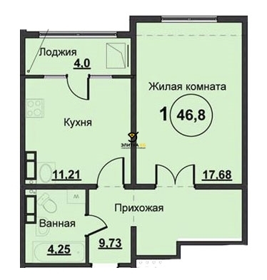 Планировка 1-комнатные квартиры, 46.8 m2 в ЖД Карасаева, в г. Бишкека