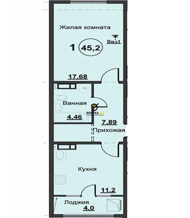 Планировка 1-комнатные квартиры, 45.2 m2 в ЖД Карасаева, в г. Бишкека