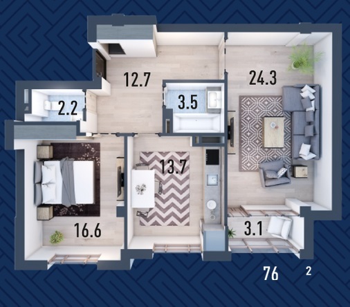 Планировка 2-комнатные квартиры, 76.43 m2 в ЖК Достук, в г. Джалал-Абада