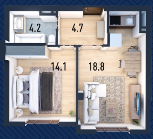 Планировка 1-комнатные квартиры, 42.06 m2 в ЖК Достук, в г. Джалал-Абада