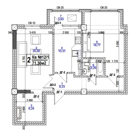 Планировка 2-комнатные квартиры, 71.36 m2 в ЖК в мкрн Джал-23, в г. Бишкека