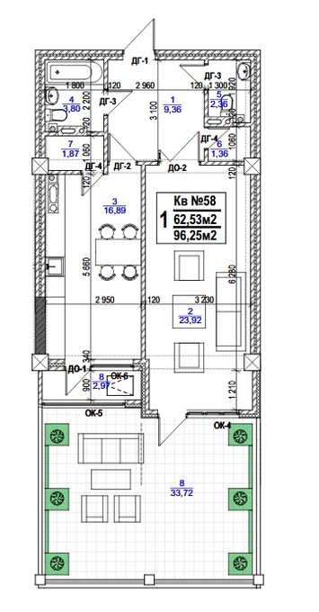 Планировка 1-комнатные квартиры, 62.53 m2 в ЖК в мкрн Джал-23, в г. Бишкека