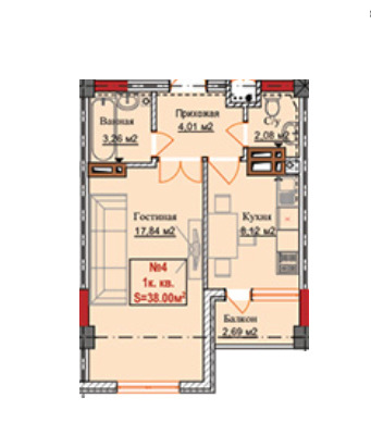 Планировка 1-комнатные квартиры, 38 m2 в ЖК Кунгей 2, в г. Бишкека