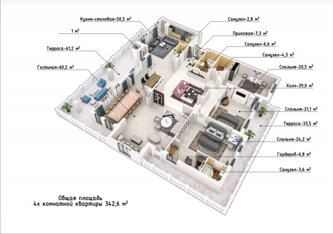 Планировка 4-комнатные квартиры, 342.6 m2 в КД Орто-Сай (А Групп), в г. Бишкека