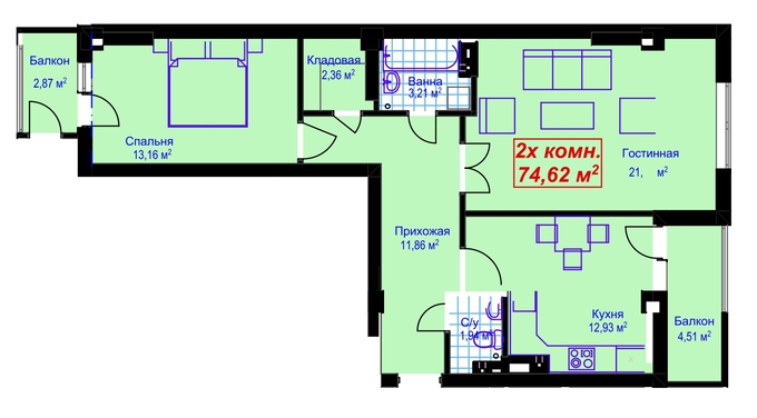 Планировка 2-комнатные квартиры, 74.62 m2 в ЖК Панфилова, в г. Бишкека