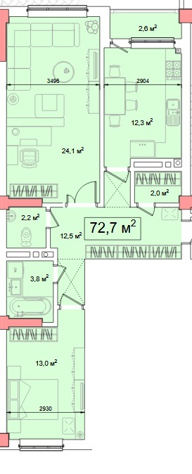 Планировка 2-комнатные квартиры, 72.7 m2 в ЖК Аманат (Асма), в г. Бишкека