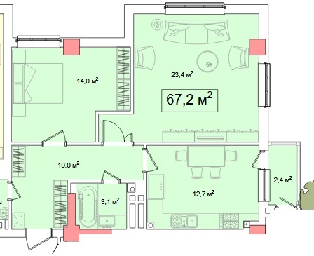 Планировка 2-комнатные квартиры, 67.2 m2 в ЖК Аманат (Асма), в г. Бишкека