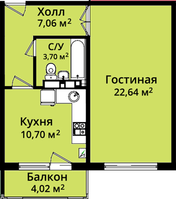 Планировка 1-комнатные квартиры, 44.1 m2 в ЖК Кок-Жар Элдик, в г. Бишкека