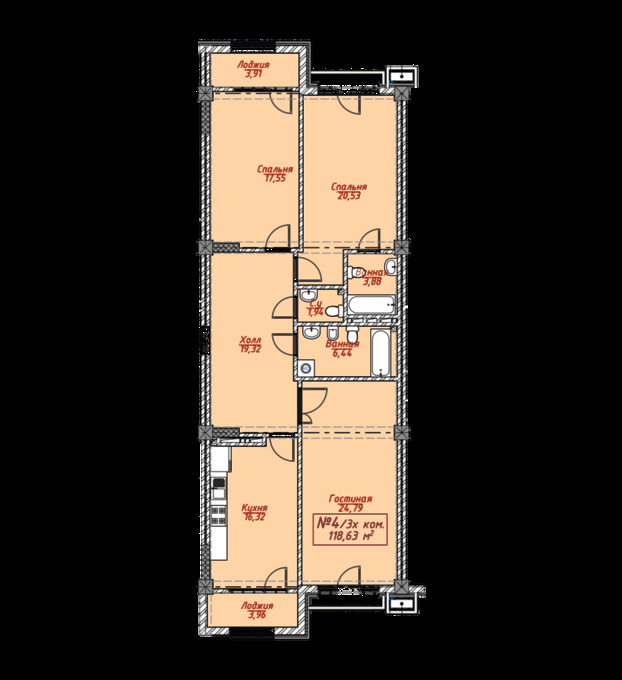 Планировка 3-комнатные квартиры, 118.63 m2 в ЖК Nova Grand, в г. Бишкека