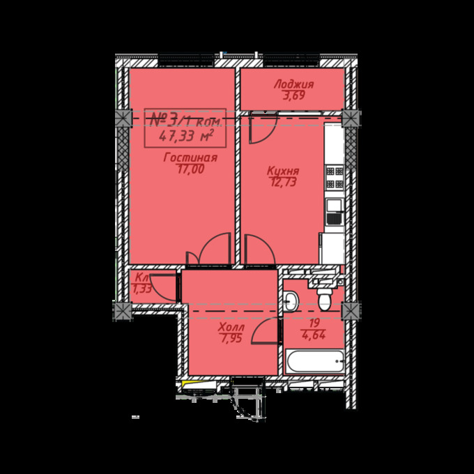 Планировка 1-комнатные квартиры, 47.33 m2 в ЖК Nova Grand, в г. Бишкека