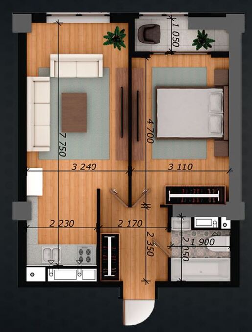 Планировка 1-комнатные квартиры, 48.18 m2 в ЖК Cosmos, в г. Бишкека