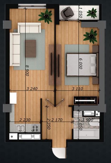 Планировка 1-комнатные квартиры, 55.24 m2 в ЖК Cosmos, в г. Бишкека