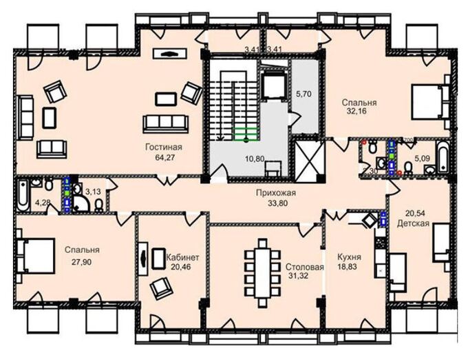 Планировка 6-комнатные квартиры, 270.9 m2 в Клубный дом Family Residence, в г. Бишкека