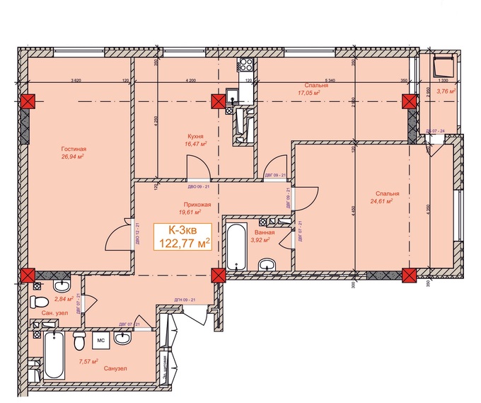 Планировка 3-комнатные квартиры, 122.77 m2 в ЖК Энесай, в г. Бишкека