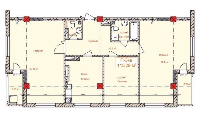 Планировка 3-комнатные квартиры, 115.29 m2 в ЖК Энесай, в г. Бишкека