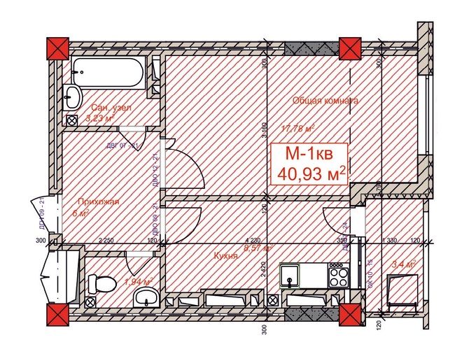 Планировка 1-комнатные квартиры, 40.93 m2 в ЖК Энесай, в г. Бишкека