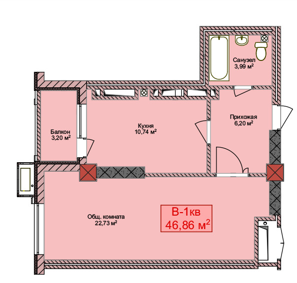 Планировка 1-комнатные квартиры, 46.86 m2 в ЖК Каркыра, в г. Бишкека