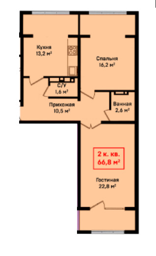 Планировка 2-комнатные квартиры, 66.8 m2 в ЖК Улан, в г. Бишкека