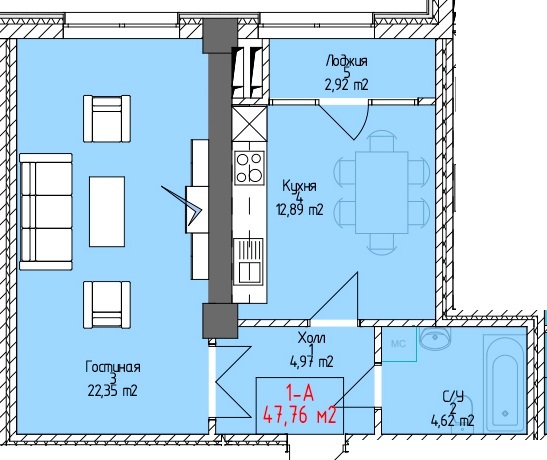 Планировка 1-комнатные квартиры, 47.76 m2 в ЖД Art Square, в г. Бишкека