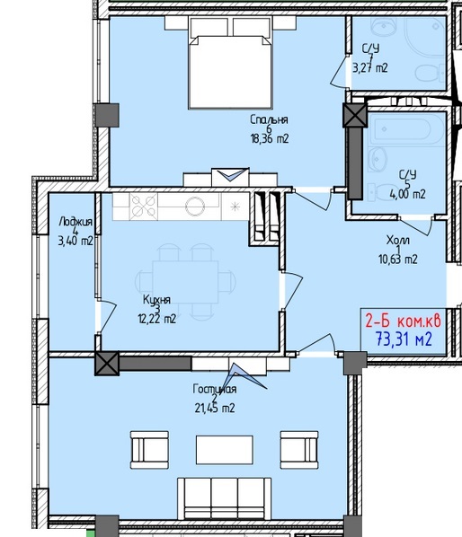 Планировка 2-комнатные квартиры, 73.31 m2 в ЖД Art Square, в г. Бишкека