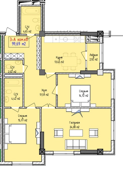 Планировка 3-комнатные квартиры, 99.69 m2 в ЖД Art Square, в г. Бишкека