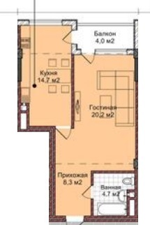 Планировка 1-комнатные квартиры, 52 m2 в ЖК Мурас Ордо, в г. Оша