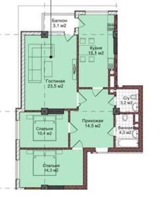 Планировка 3-комнатные квартиры, 88.4 m2 в ЖК Мурас Ордо, в г. Оша