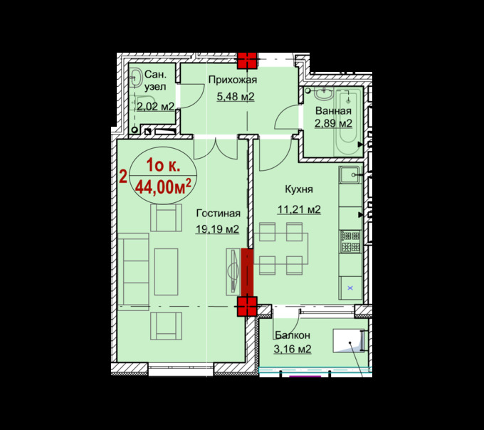 Планировка 1-комнатные квартиры, 44 m2 в ЖК Аэропортинский, в г. Бишкека
