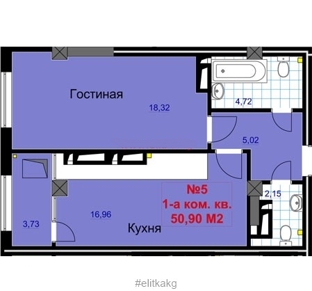 Планировка 1-комнатные квартиры, 50.9 m2 в ЖК Кара-жыгач, в г. Бишкека