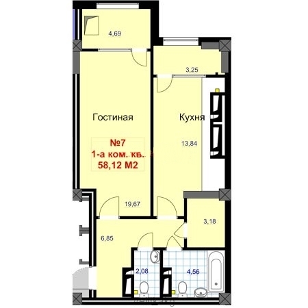Планировка 1-комнатные квартиры, 58.12 m2 в ЖК Кара-жыгач, в г. Бишкека