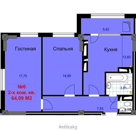 Планировка 2-комнатные квартиры, 64.09 m2 в ЖК Кара-жыгач, в г. Бишкека