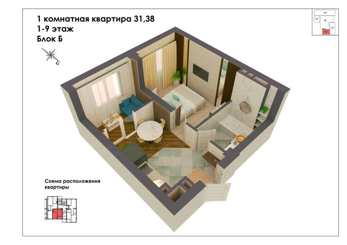 Планировка 1-комнатные квартиры, 31.38 m2 в ЖК Бакдѳѳлѳт, в г. Бишкека