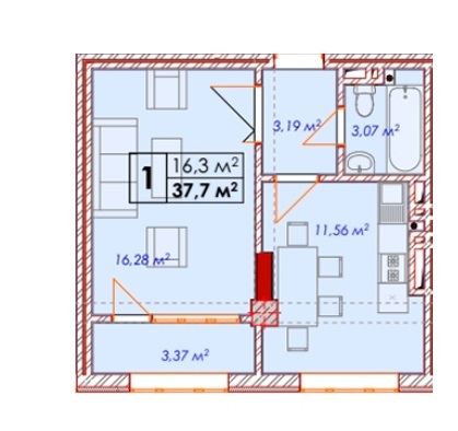 Планировка 1-комнатные квартиры, 37.7 m2 в ЖК Crystal Tower, в г. Бишкека
