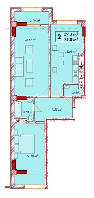 Планировка 2-комнатные квартиры, 75 m2 в ЖК Crystal Tower, в г. Бишкека